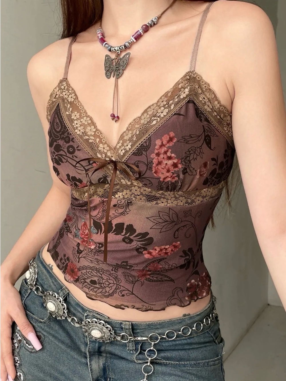 Y2K Floral Lace-Trim Brown Cami Top